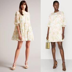 NEW Ted Baker Bellona Floral Tiered Trapeze Mini Dress Sz O-2 Extra Small Dainty